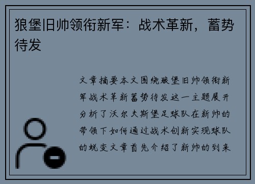 狼堡旧帅领衔新军：战术革新，蓄势待发