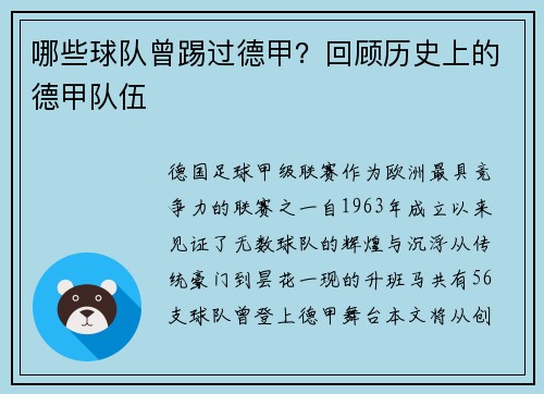 哪些球队曾踢过德甲？回顾历史上的德甲队伍